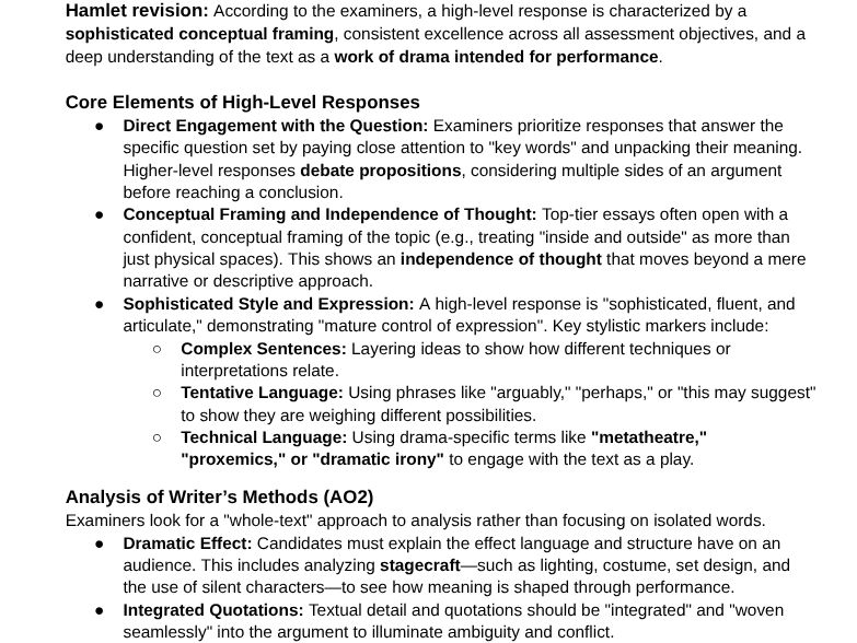 Hamlet revision sheet A Level Literature H472