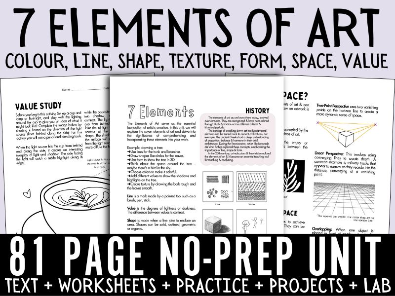KS3 Art, Elements of Art, Complete Lesson & Worksheet Pack, Color, Line, Shape, Texture, Form, Space