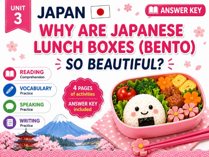 Japan Bento Box Reading Worksheet | ESL Grade 5–7 | No prep + Answer Key included