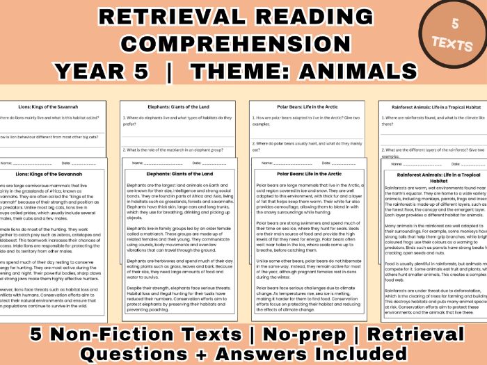 Year 5 Retrieval Reading Comprehension Animals | 5 Non-Fiction Texts & Questions + Answers | KS2