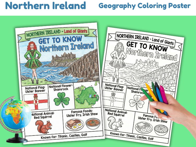 Northern Ireland Geography Coloring Poster | Country Facts Worksheet