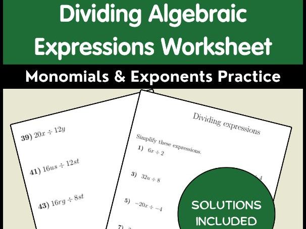 Dividing Algebraic Expressions Worksheet | Monomials & Exponents Practice