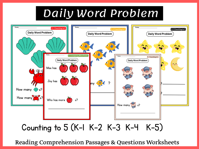 K-1 through K-5 Reading Comprehension Passages & Questions Worksheets