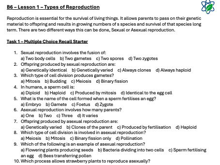 B12/L1 - Sexual and Asexual Reproduction Lesson Worksheet With Answers/GCSE/AQA/Combined Science