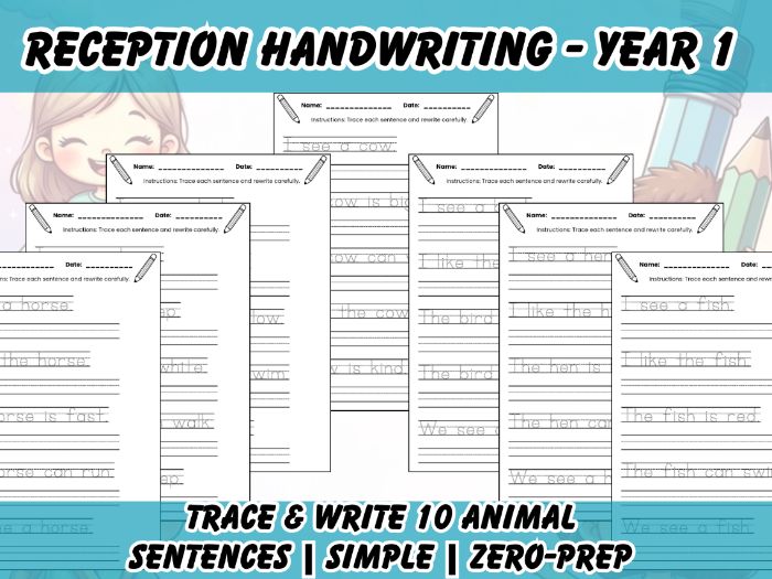 Reception Handwriting: Trace & Write 10 Simple Animal Phonics Sentences