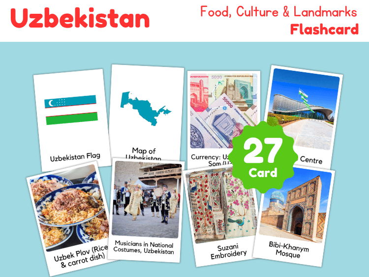 Uzbekistan Geography Flashcards | 27 Printable Country Study Cards