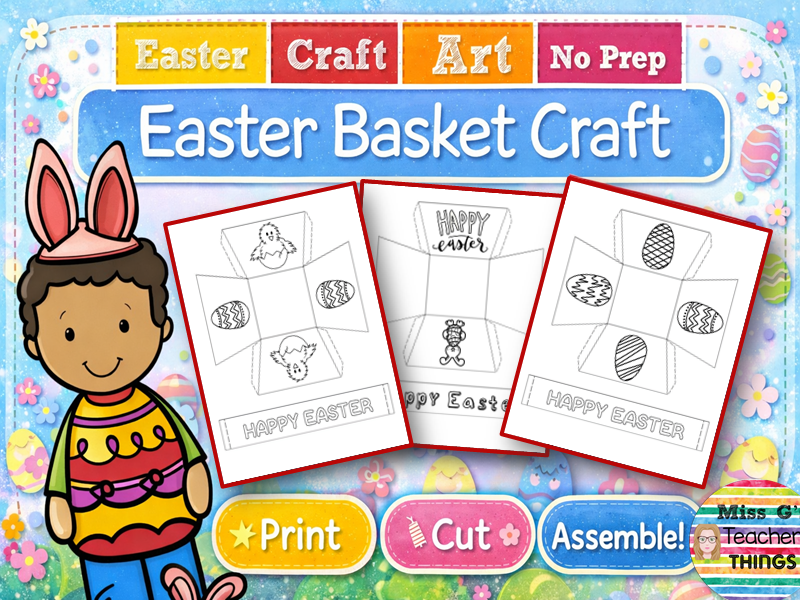 Easter basket template craft - 4 different designs: 3 decorated and 1 blank