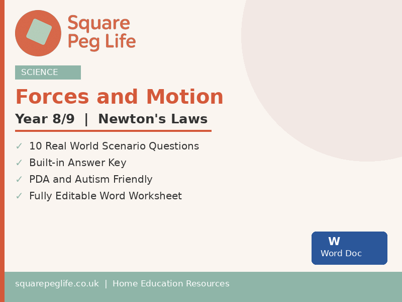 Science Forces and Motion Year 8/9 PDA Friendly Printable Worksheet