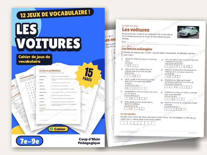 French Car Vocabulary Puzzles Grade 7-9 Mechanics & Road | Les voitures