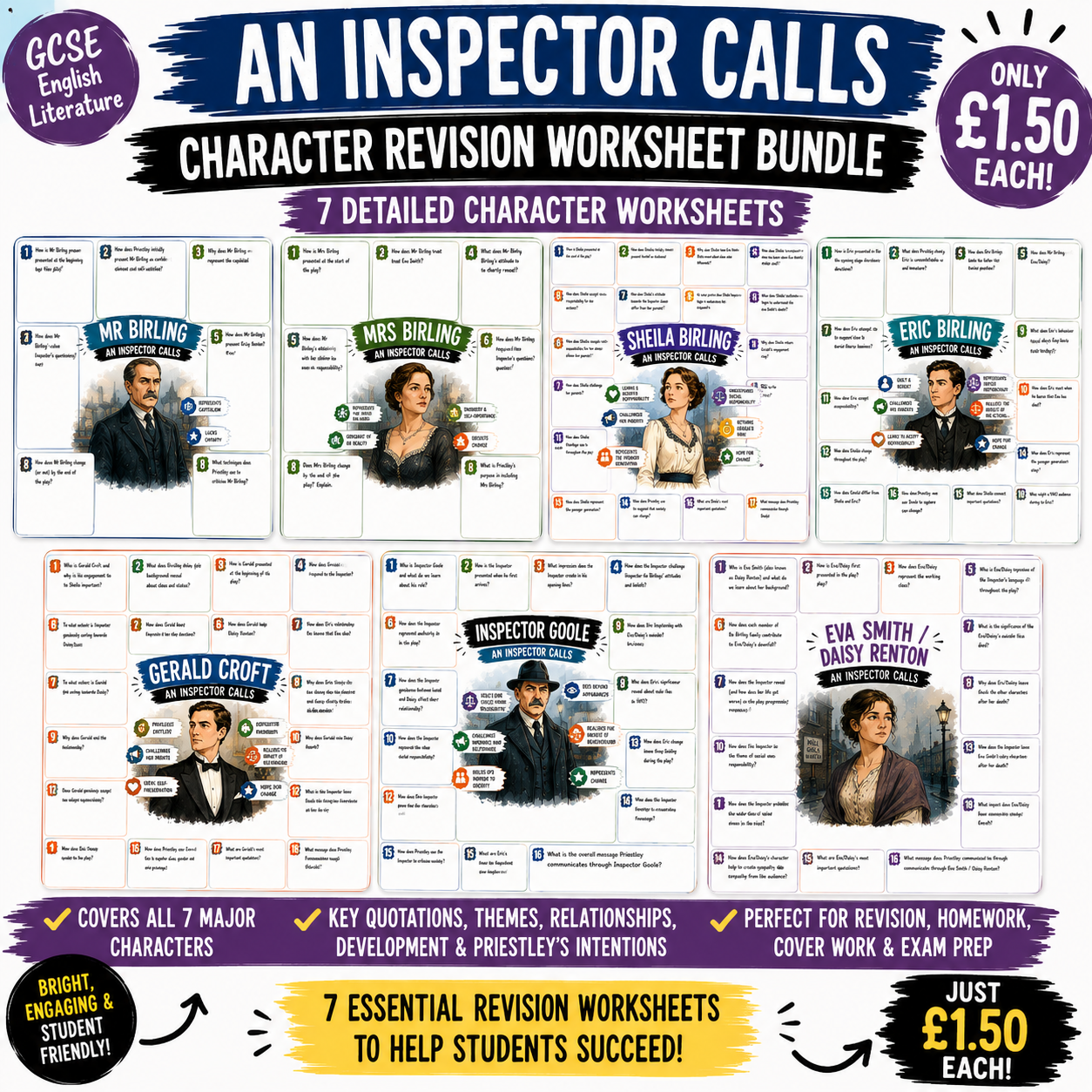 An Inspector Calls Character Revision Worksheet Bundle | GCSE English Literature