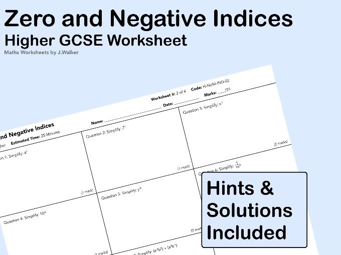 GCSE Maths Worksheet: Zero and Negative Indices
