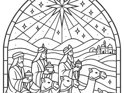 Nativity Christmas Stain Glass Colouring Page of The Three Wise Men