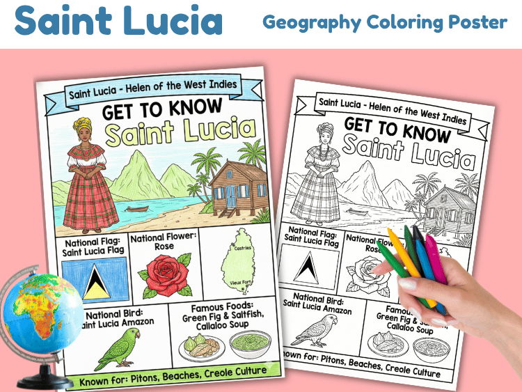 Saint Lucia Geography Coloring Poster | Country Facts & Culture