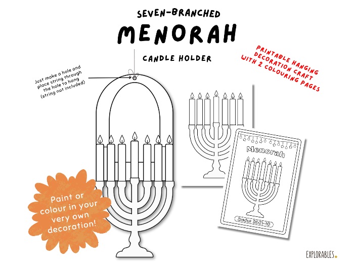Seven-branched Menorah Candle Holder Craft Printable Hanging Decoration The Feast Day Colouring