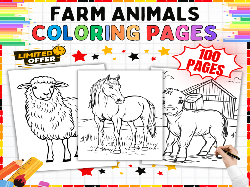 Farm Animals Colouring Pages | 100 Realistic Animal Designs | Primary Science Art Activities Bundle