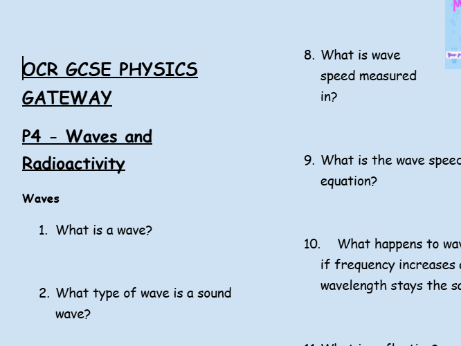 OCR GCSE Physics P4 Retrieval Practice – Low-Stakes Questions on Waves and Radioactivity