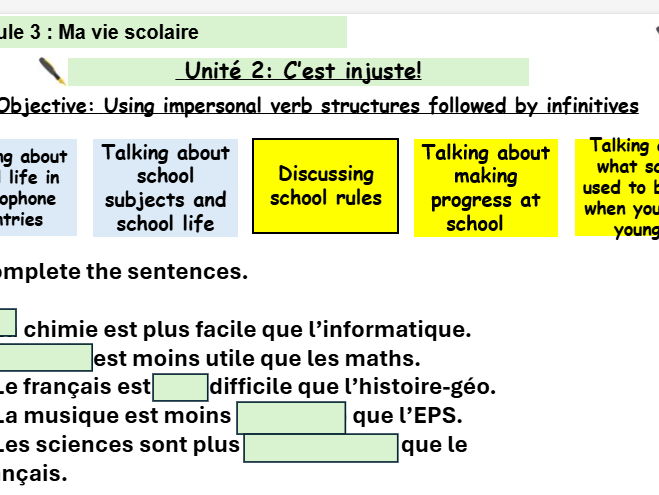 New French AQA Higher GCSE Module 3 Ma vie scolaire Unit 2 C'est injuste