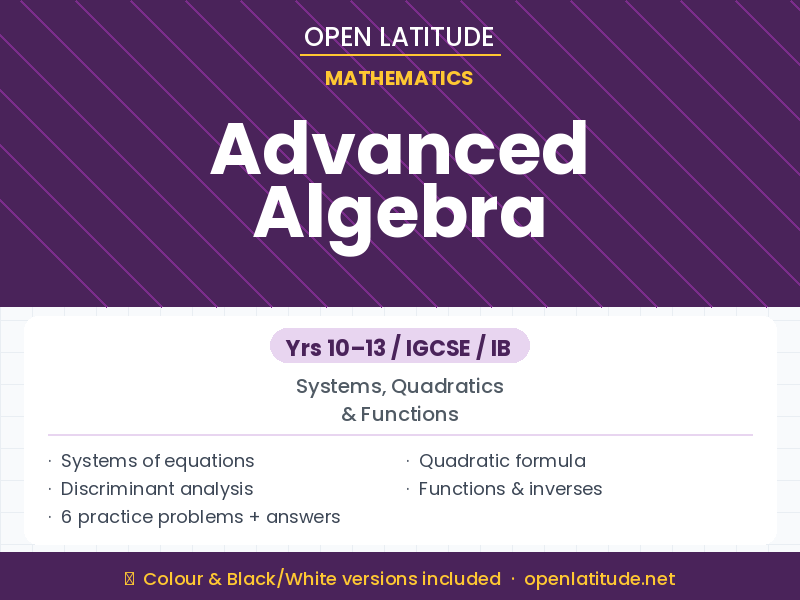 Advanced Algebra Study Guide | Systems of Equations, Quadratics & Functions | Yrs 10-13 / IGCSE / IB