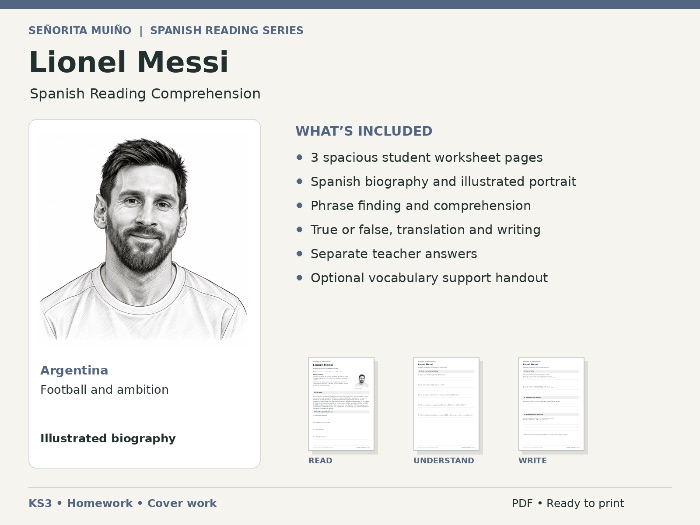 Lionel Messi | KS3 Spanish Reading Comprehension - Homework & Cover