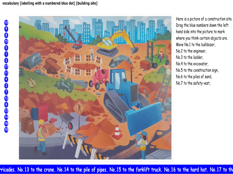 vocabulary [labelling with a numbered blue dot] [building site]