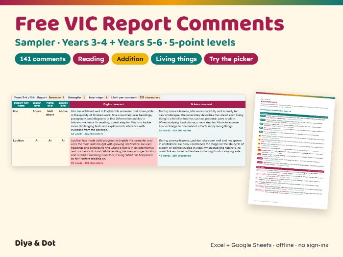 FREE VIC Report Comments Years 3-6