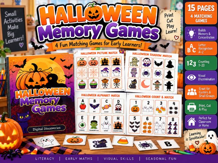 Halloween Memory Games–Printable Matching Activities | Literacy, Counting , Visual Memory | Grd. K-3