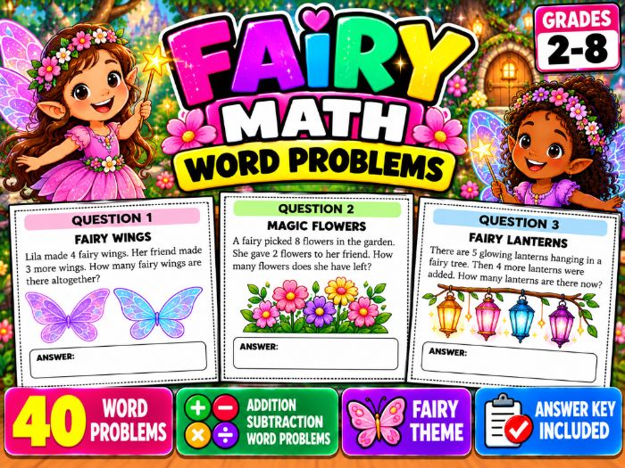 Fairy Math Word Problems | 40 Problems & Answer Key | Grades 2–8