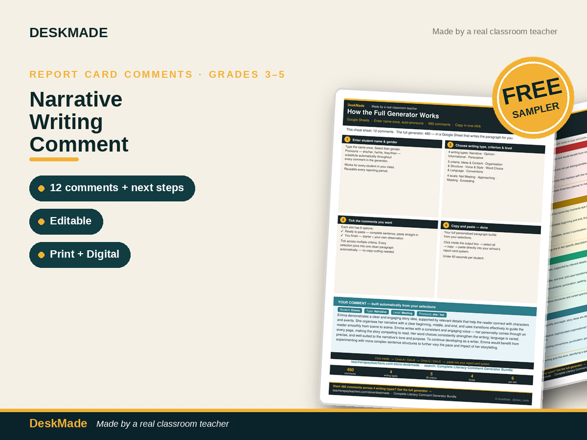 Free Narrative Writing Comment Starters | Grades 3-5 | 12 Comments + Next Steps