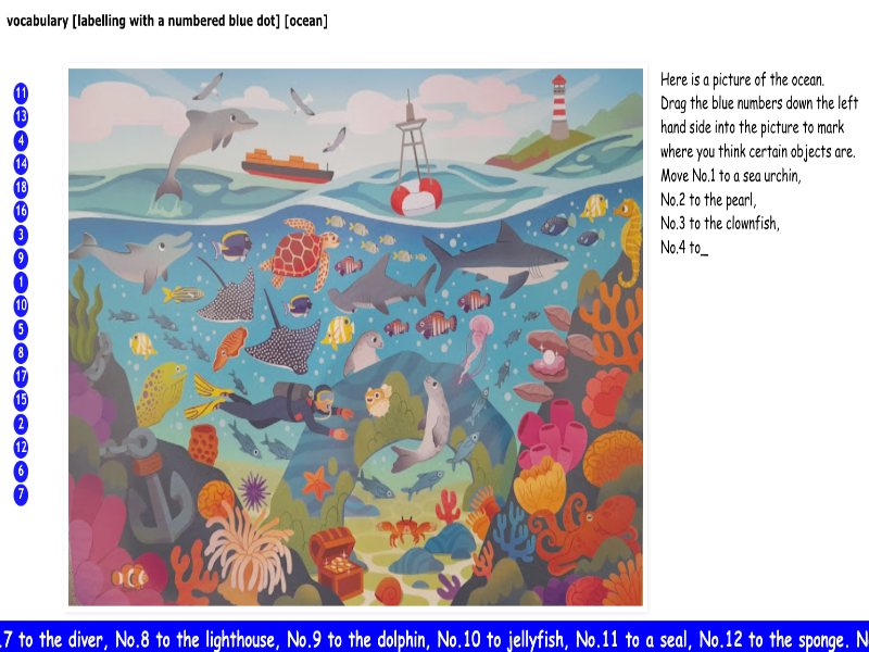 vocabulary [labelling with a numbered blue dot] [ocean]
