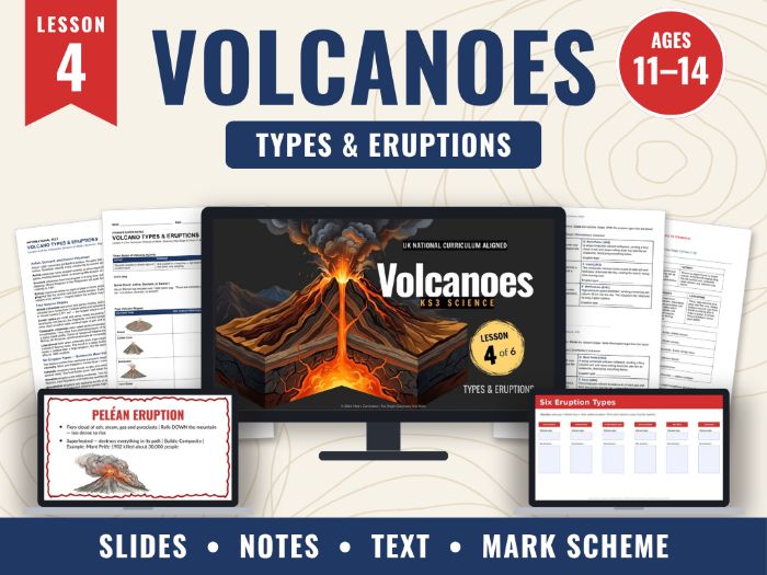 Volcanoes KS3 – Lesson 4: Types & Eruptions | Slides, Notes, Text, Mark Scheme