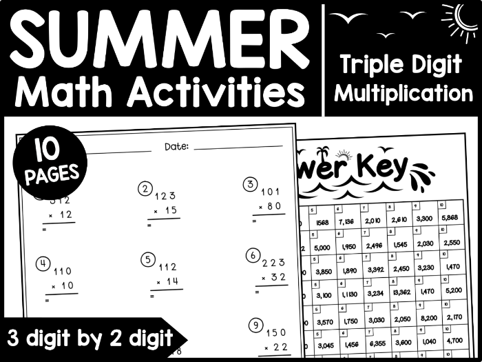 Summer Math Activities Triple Digit 3 Digit by 1 Digit Multiplication Worksheets
