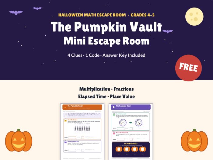 FREE Halloween Math Escape Room | Mini Code-Breaker Puzzle | Grades 4-5