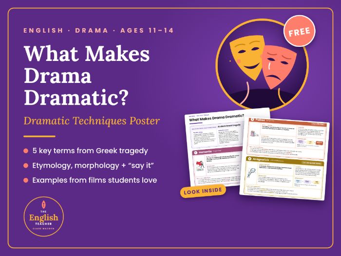 What Makes Drama Dramatic? Dramatic Techniques Poster | Hamartia, Hubris, Pathos, Anagnorisis, Catha