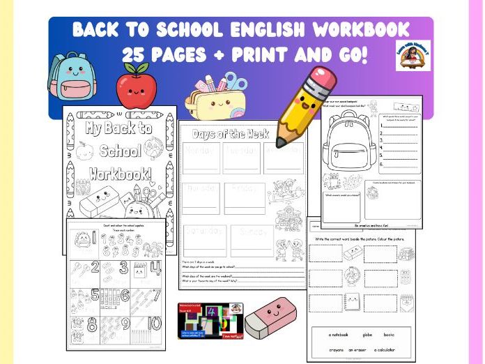 Back to School Workbook / 25 Pages/ Ideal for Kinder/ Primary and ESL Students!