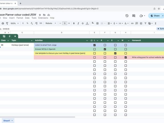 MFL colour coded lesson planner spreadsheet