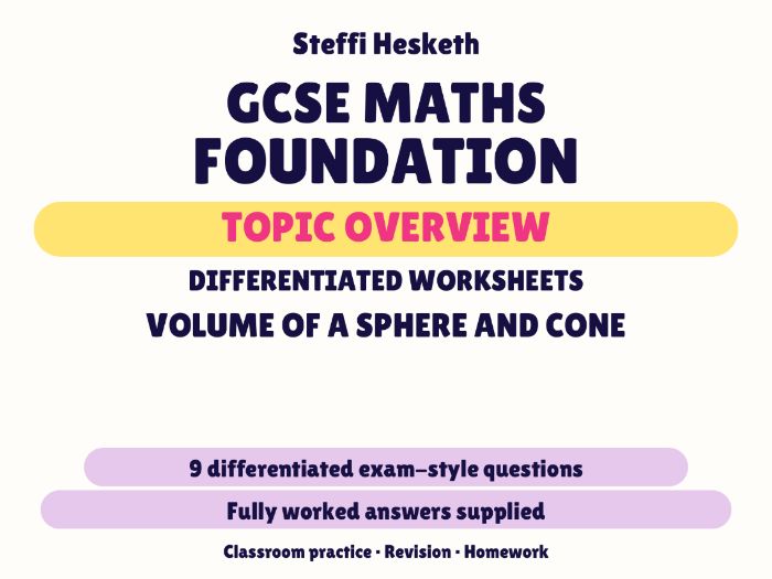 GCSE Foundation Volume of a Sphere and Cone | Topic Overview Differentiated Worksheet