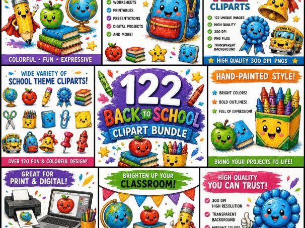 School Supply Clipart Buds, Brushstroke Clip Art, Back to School Clipart Bundle