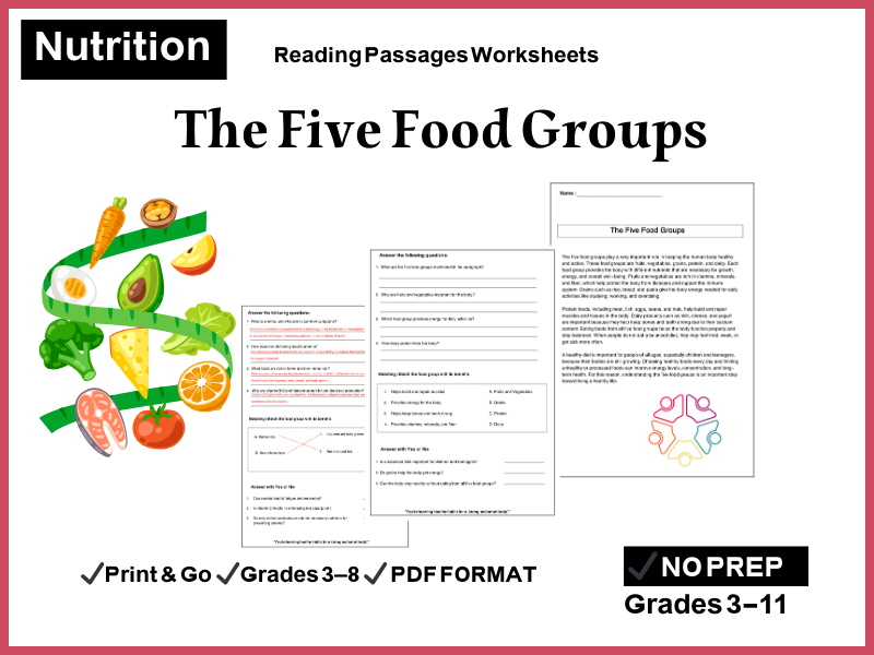 The Five Food Groups Reading Comprehension Passages & Questions Worksheets
