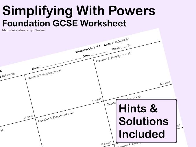 GCSE Maths Worksheet: Simplifying With Powers - Foundation Tier