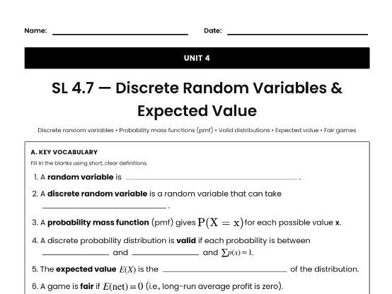 IB Math AI Worksheet SL 4.7 - Discrete Random Variables & Expected Value
