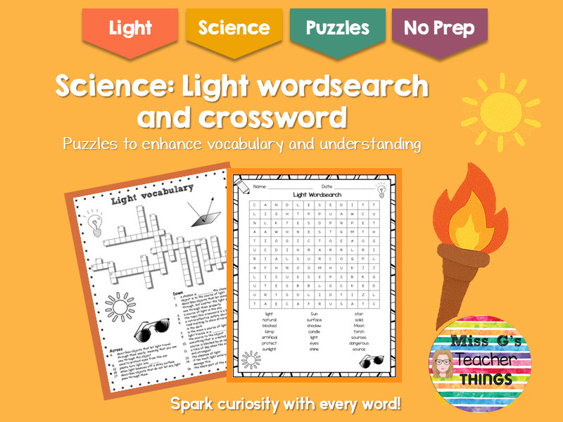 Light crossword and wordsearch: science topic assessment and revision puzzles
