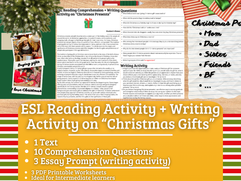ESL Reading Comprehension + Essay Worksheets - Christmas Gifts and Presents