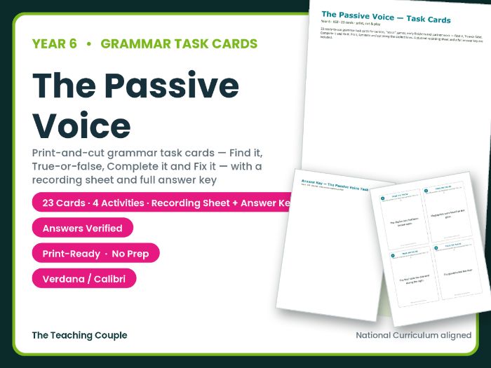 Year 6 The Passive Voice Task Cards – 23 Grammar Cards + Answer Key
