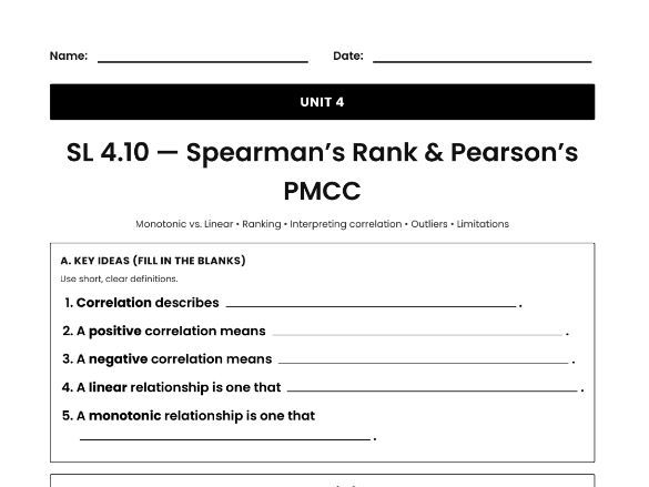 IB Math AI Worksheet SL 4.10 - Spearman's Correlation Rank & Pearson's Product Moment