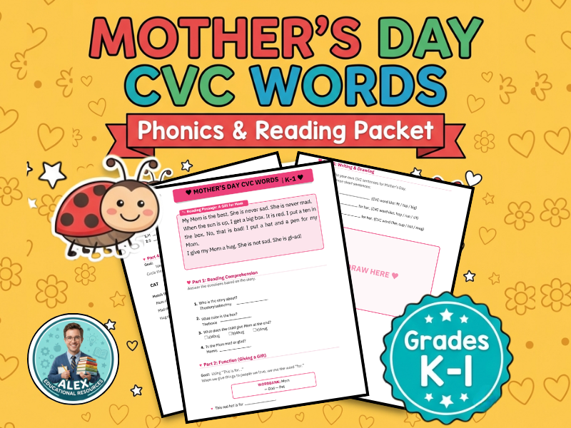 Mother's Day CVC Words Phonics & Reading Packet | ELA Grades K-1