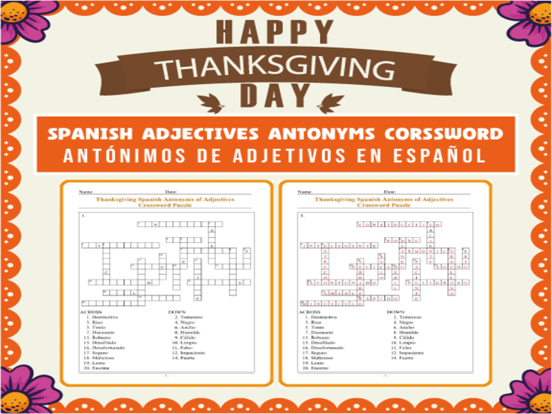 Adjective Antonyms Fiesta! Thanksgiving Spanish Opposites Crossword Puzzle