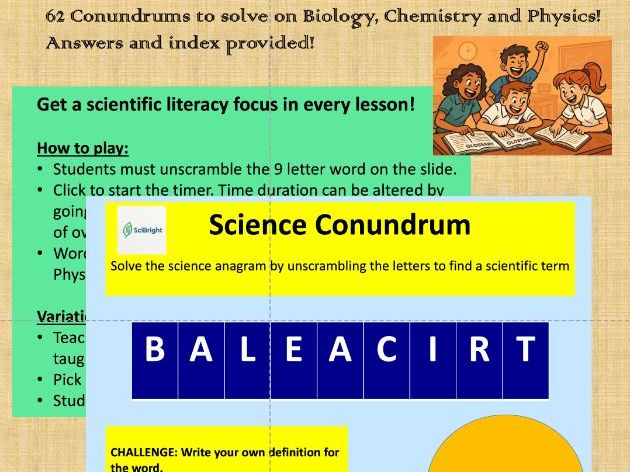 Science Vocabulary Conundrums - Anagrams for Starter Plenary End of Term fun - Literacy GCSE