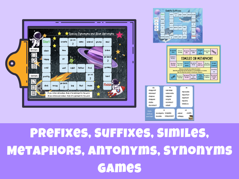 Prefixes, Suffixes, Similes, Metaphors, Antonyms and Synonyms Board Games
