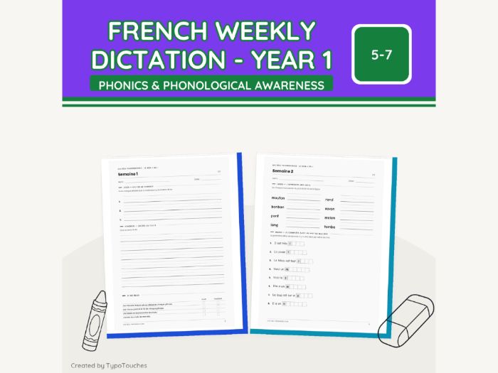 French Weekly Dictation - Year 1 | 9 Sheets