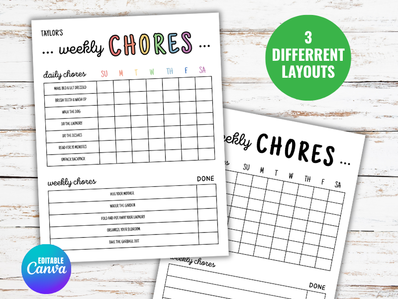 Editable Daily & Weekly Chore Chart Responsibility Checklist - Routine Chart